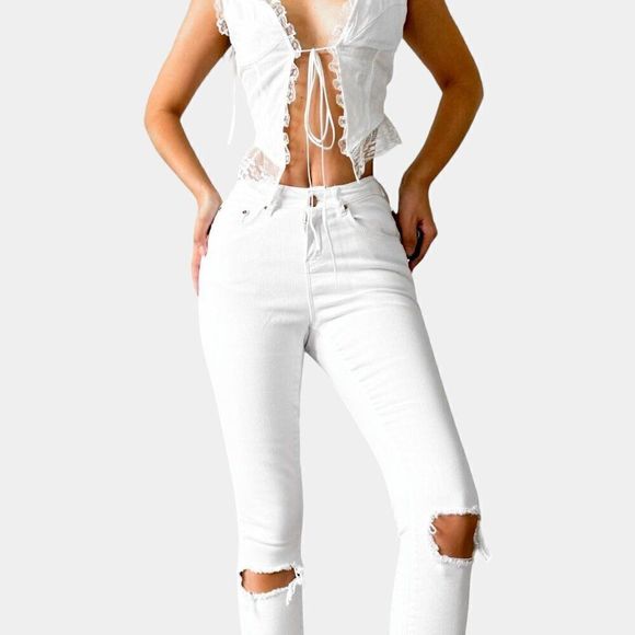 ASOS White High Waisted Distressed Ripped Knees Skinny Denim Jeans Size 24/XS - Picture 3 of 8